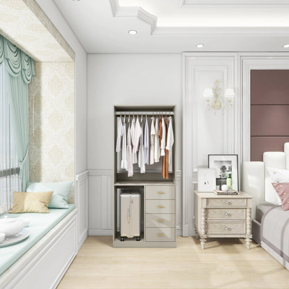 Grey Bedroom Wardrobe with 4 Drawers, Shelves and Hanging Rod