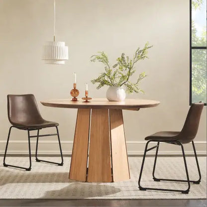 Modern Pedestal Dining Table, Brown Round Solid Wood Dining Table