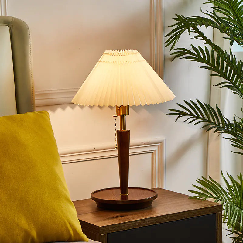 Mid Century Solid Wood Walnut Pleated Lamp