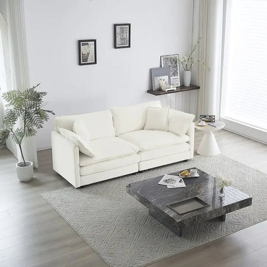 Modern White Fabric Loveseat Sofa with 4 Pillows