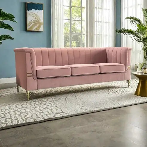 Velvet Sofa - Modern Upholstered Pink Sofa with Gold Legs