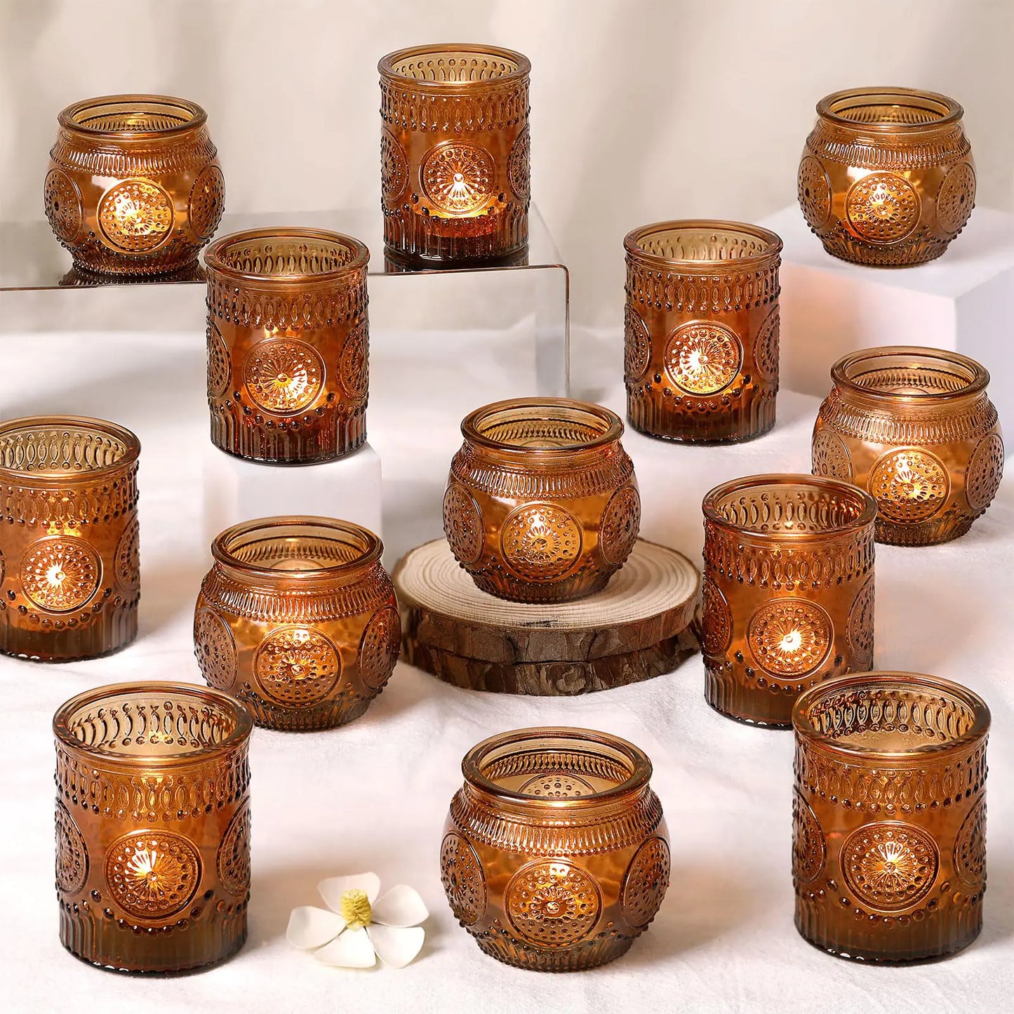 Set of 24 Glass Candle Holders - Amber Votive Candle Holders