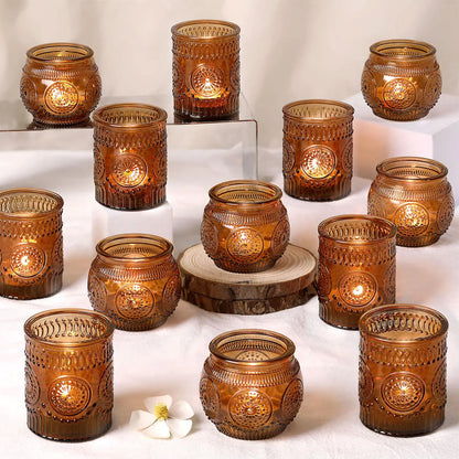 Set of 24 Glass Candle Holders - Amber Votive Candle Holders