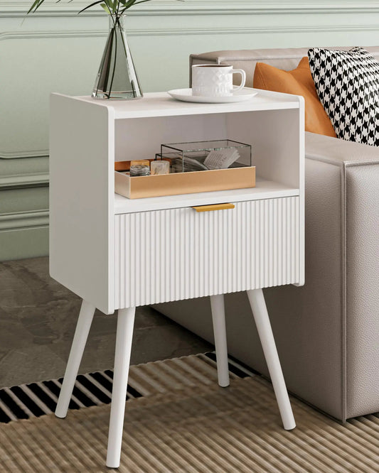White Nightstand with Drawer and Open Shelf