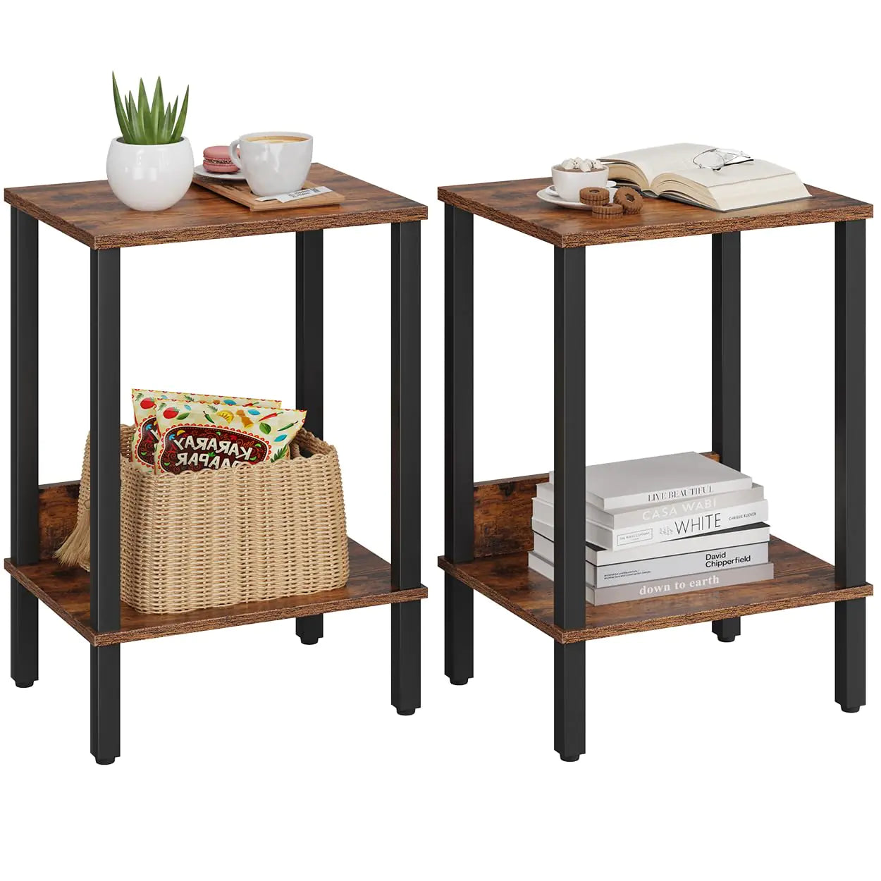 Rustic Brown End Tables with 2 Tiers (Set of 2)