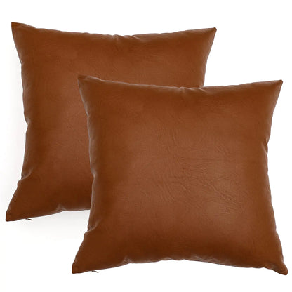 Cognac Faux Leather Throw Pillow Covers 18"x18" Set