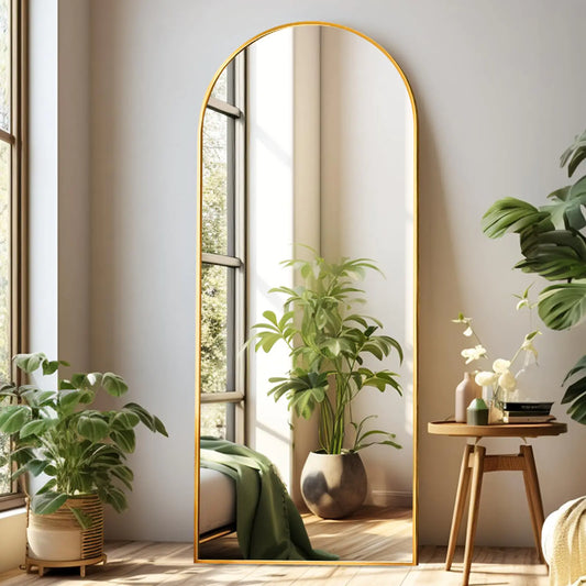 Arched Gold Full Length Floor Mirror with Stand 64”x21”