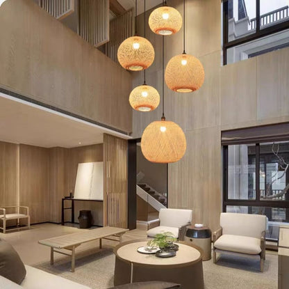 Japanese Bamboo Woven Sphere Pendant Lamp