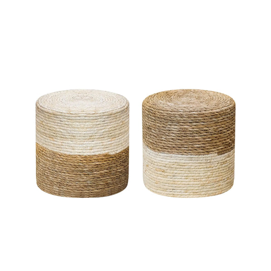 Adeco 11.81" Ottoman Poufs 100% Natural Straw Pouffe 2 Packs Home Boho Hand Weave Round Footstool with Wood Frame Decorative Seat Sitting Braided Footrest Accent Chair for Living Room Bedroom