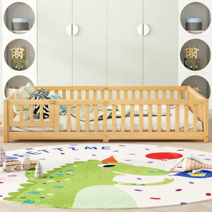 Queen Floor Bed - Wood Bed Frame with Guardrails - Toddler Beds