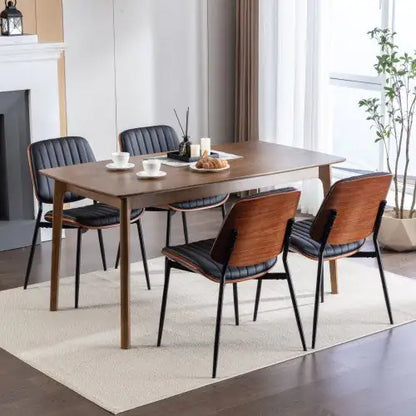 Set of 2 Mid Century Dining Chairs, Black Faux Leather Dining Chairs