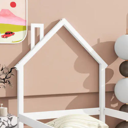 Twin Bed Frame - White Floor Bed for Toddlers - Kids House Bed