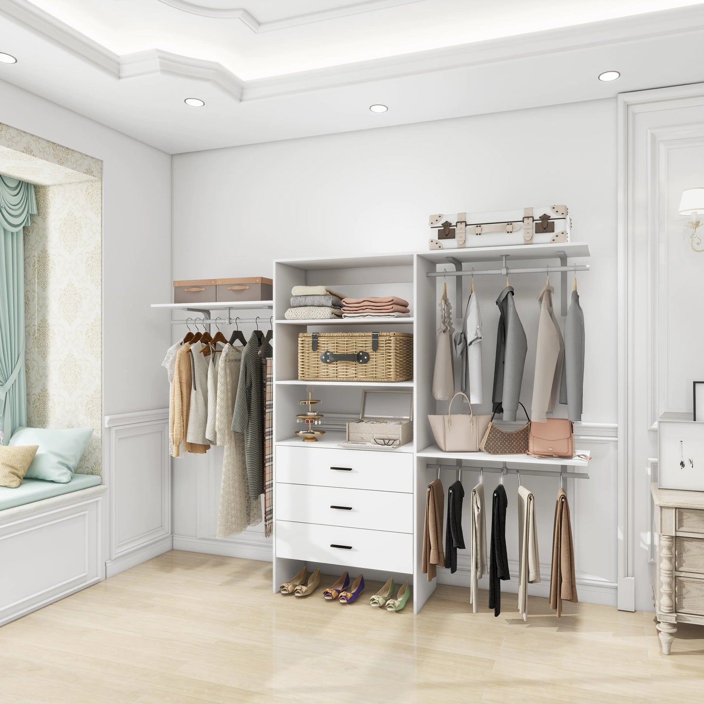 Contemporary Wardrobe, White Clothes Organizer with Shelves