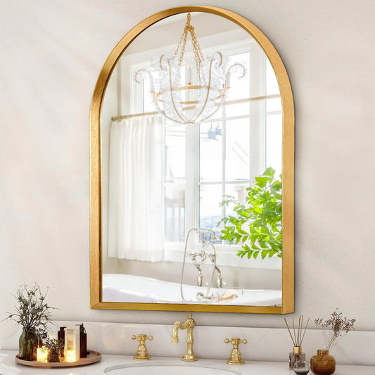 36”x24” Arched Bathroom Wall Mirror with Gold Aluminum Alloy Frame