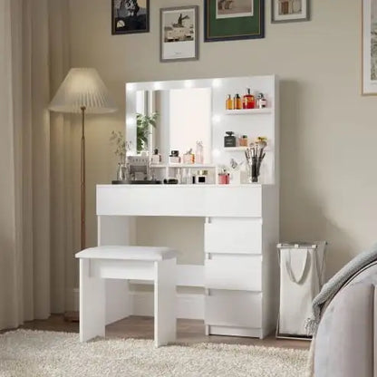 Vanity Table with Mirror & Stool, White Makeup Vanity with Lights
