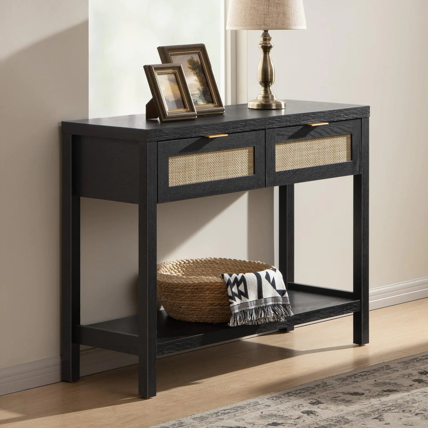 2-Tier Black Console Table with Rattan Drawers