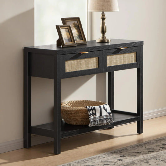 2-Tier Black Console Table with Rattan Drawers