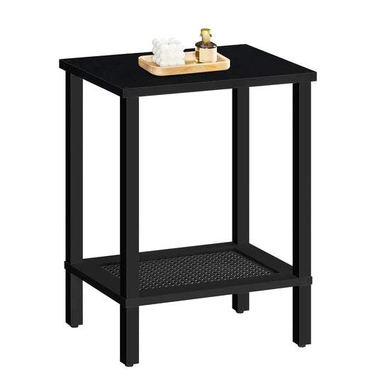 Black Slim End Table with Faux Rattan Shelves