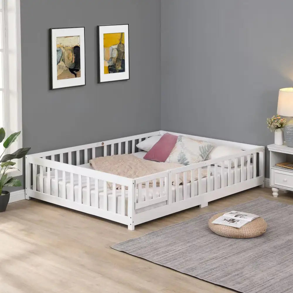 White Montessori Bed, Kids Floor Bed with Fence and Door