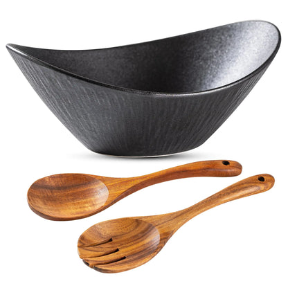 Black Oval Ceramic Salad Bowl Set