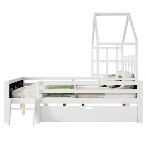 White House Bed for Kids Bedroom Kids Bed with Trundle & Ladder