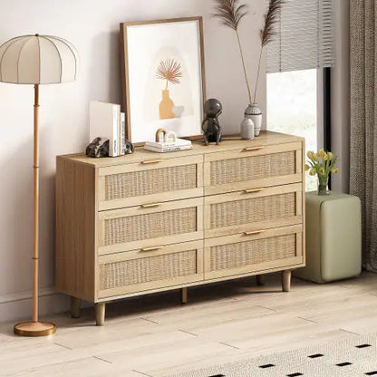 6 Drawer Storage Cabinet, Rattan Dresser for Bedroom or Living Room