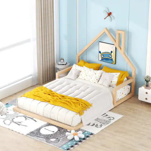 Twin Floor Bed with Wooden House Headboard