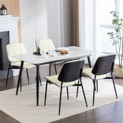 Set of 2 Mid Century Dining Chairs, Beige Faux Leather Dining Chairs