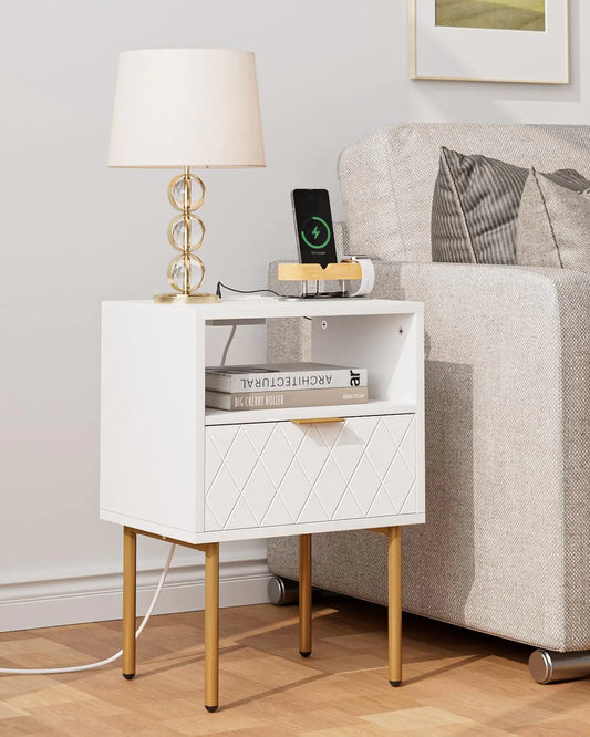 White and Gold Charging Nightstand with Drawer