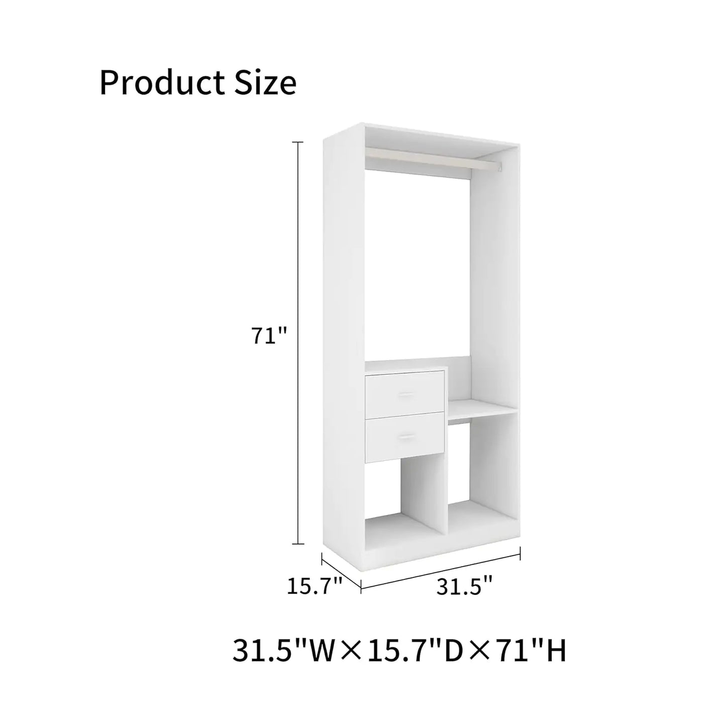 70.8” Freestanding Wardrobe with Drawers, Shelves & Hanging Rod