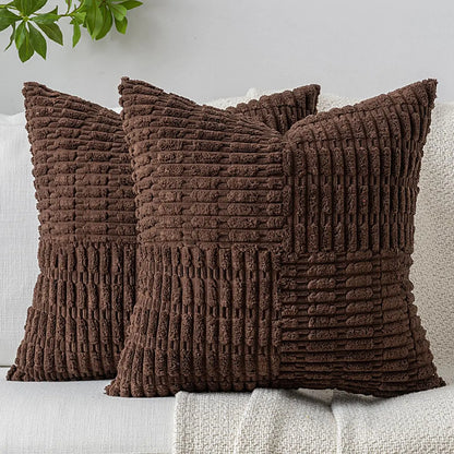 Set of 2 Brown Corduroy Patchwork Pillow Covers 18x18"