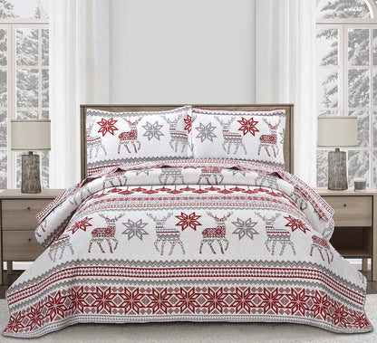 Christmas Deer and Snowflake Quilt Set, Queen Size Christmas Bedding