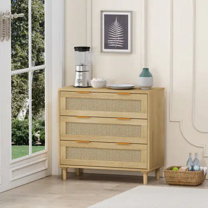 Modern 3 Drawer Rattan Storage Cabinet, Oak Bedroom Dresser
