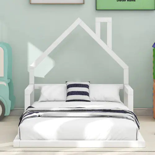 Twin Floor Bed with Wooden House Headboard
