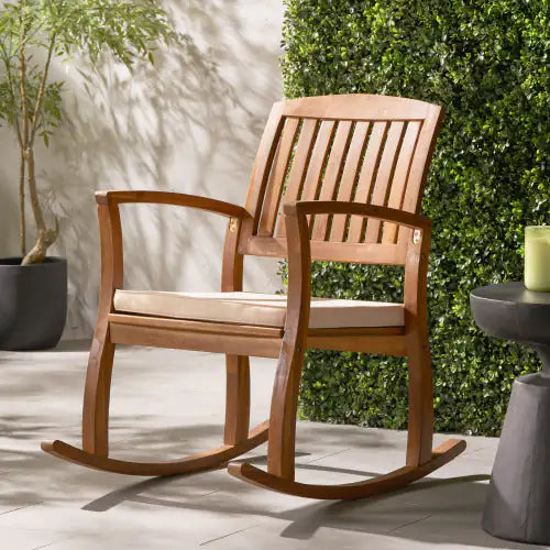 Natural Wood Rocking Chair with Cream Cushion, Outdoor Seating