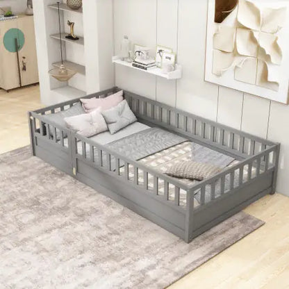 White Montessori Floor Bed, Toddler Bed with Safety Rails and Door