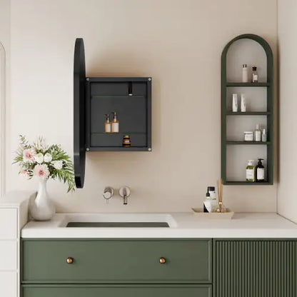 20x34” Matte Black Oval Bathroom Wall Cabinet with Mirror