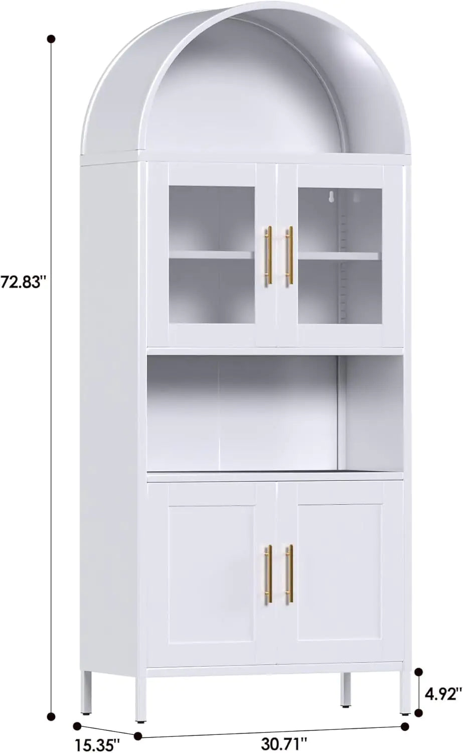 Tall White Arched Metal Display Cabinet, Glass Door Bookcase