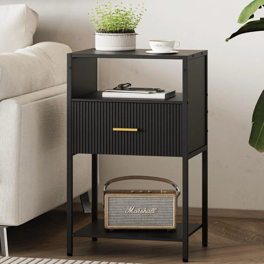 Black Fluted Nightstand with Drawer & Shelves
