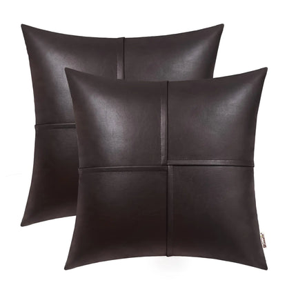 18x18" Hand-Stitched Brown Faux Leather Pillow Covers