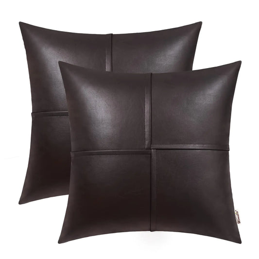 Brown Faux Leather Hand-Stitched 18x18" Pillow Covers