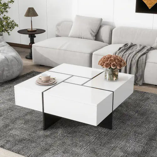 White Square Coffee Table with Hidden Storage Compartments