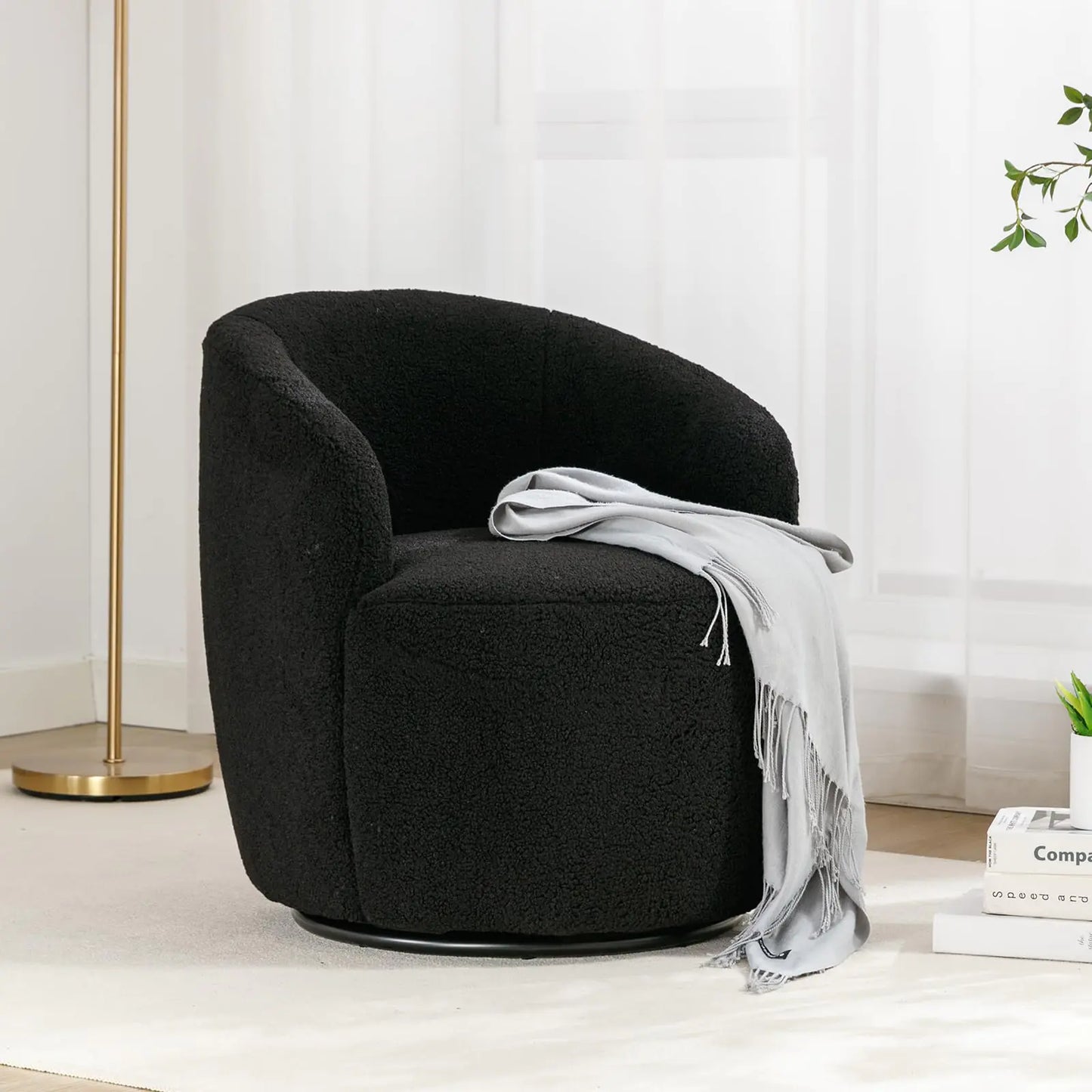 Black Accent Chair, Teddy Fabric Upholstered Swivel Barrel Chair