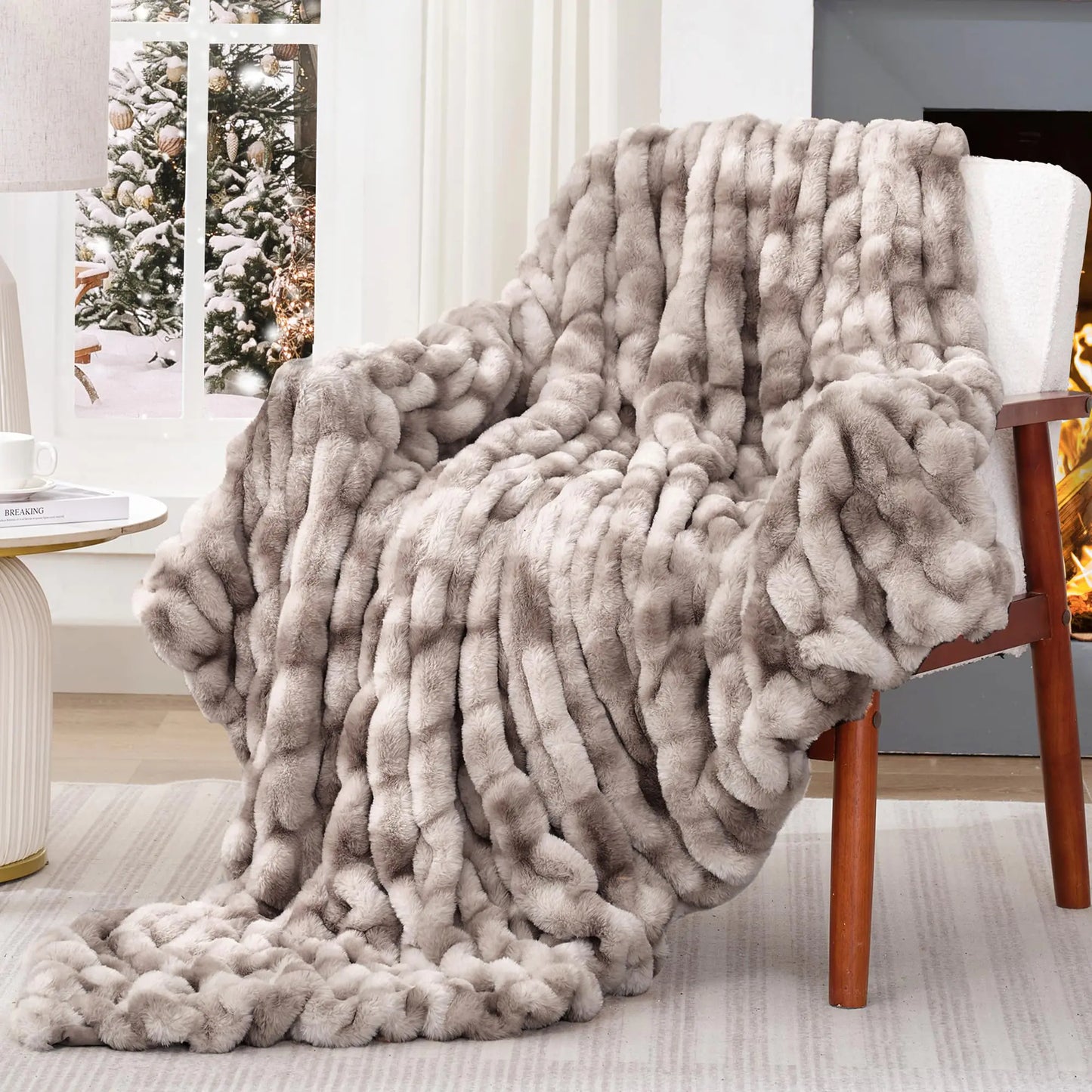 Tie Dye Coffee Ruched Faux Rabbit Fur Blanket 50x60"