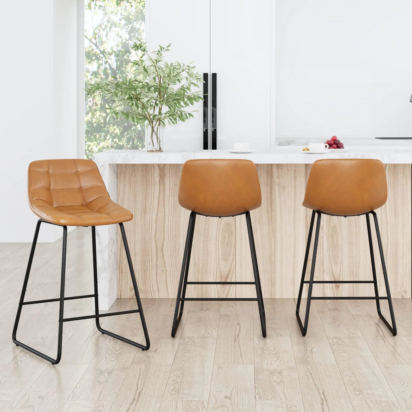 Set of 3 Whiskey Brown 24" Checkered Faux Leather Bar Stools