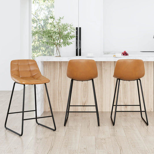 Set of 3 Whiskey Brown 24" Checkered Faux Leather Bar Stools