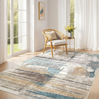6x9 Large Rug - Blue Abstract Washable Area Rug for Living Room