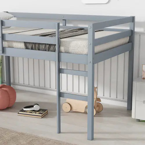 Rubber Wood Twin Loft Bed with Ladder, Grey Kids Platform Bed