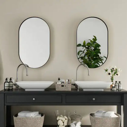 20x34” Matte Black Oval Bathroom Wall Cabinet with Mirror