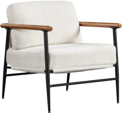 Ivory Boucle Lounge Chair with Wood Armrests, Modern Accent Chair
